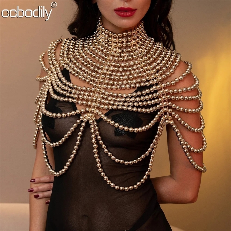 Sexy Womens Pearl Body Chain Bra Adjustable Size Shawl Necklaces Collar Shoulder Fashion Tops Chain Necklaces Body Jewelry 240223