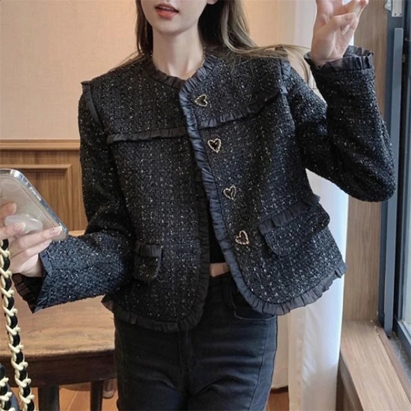 Women Vintage Elegant Ruffle Black Tweed Jacket Spring Autumn Korean Fashion Female Long Sleeve Chic Short Outerwear Coat 240821