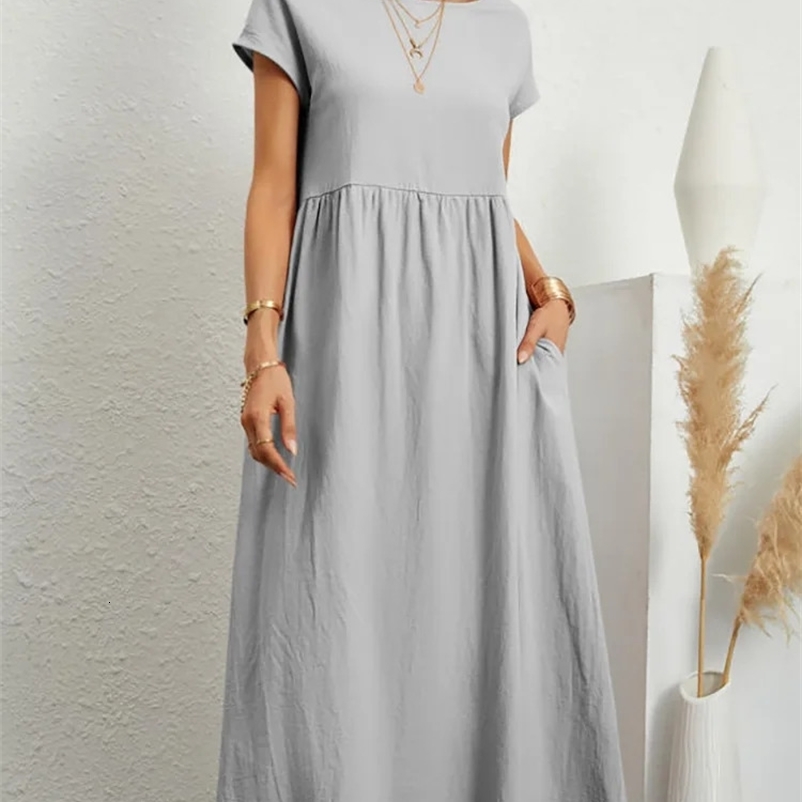 Womens retro solid dress summer elegant O-neck short sleeved cotton linen dress womens casual loose sun skirt long skirt250425bj