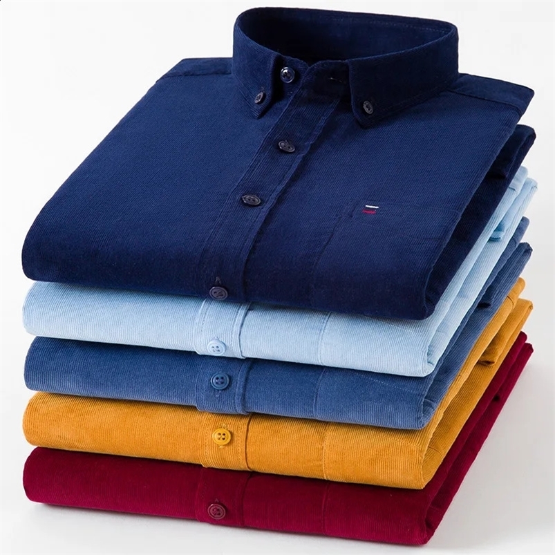 Plus Size S~7XL Corduroy100% Cotton Shirt Mens Casual Long Sleeve Regular Fit Business Dress Shirts For Male Comfortable Pocket 240816