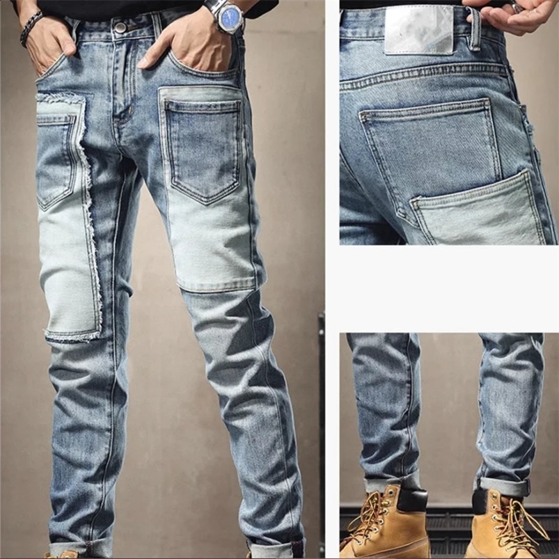 Mens Ripped Splice Jeans Skinny Pants High Quality Casual Slim Fit Vintage Blue Hip Hop Jeans Streetwear Mans Denim Trousers 240819
