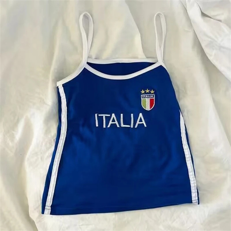 Women Y2K Vintage Basic ITALIAN Embroidery Camisole Casual Summer Blue Sleeveless Spaghetti Strap Crop Tops for Streetwear 240327