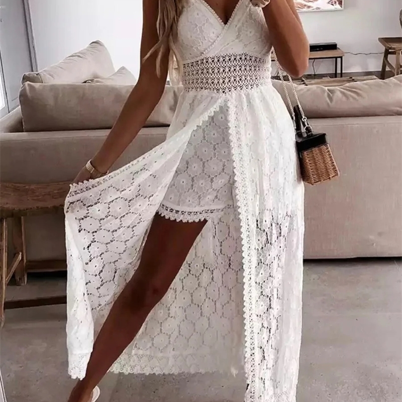Wsevypo womens spaghetti strap long beach dress Bohemian summer sleeveless hollow lace sleepwear Sundress womens dress 241230