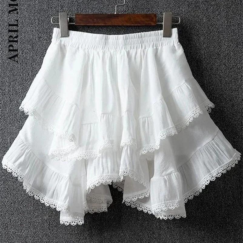 Irregular Ruffle Kawaii Mini Summer Skirts Women Faldas Mujer De Moda Patchwork Lace Jupe Korean Saia Fashion Sweet White Skirt250324bj