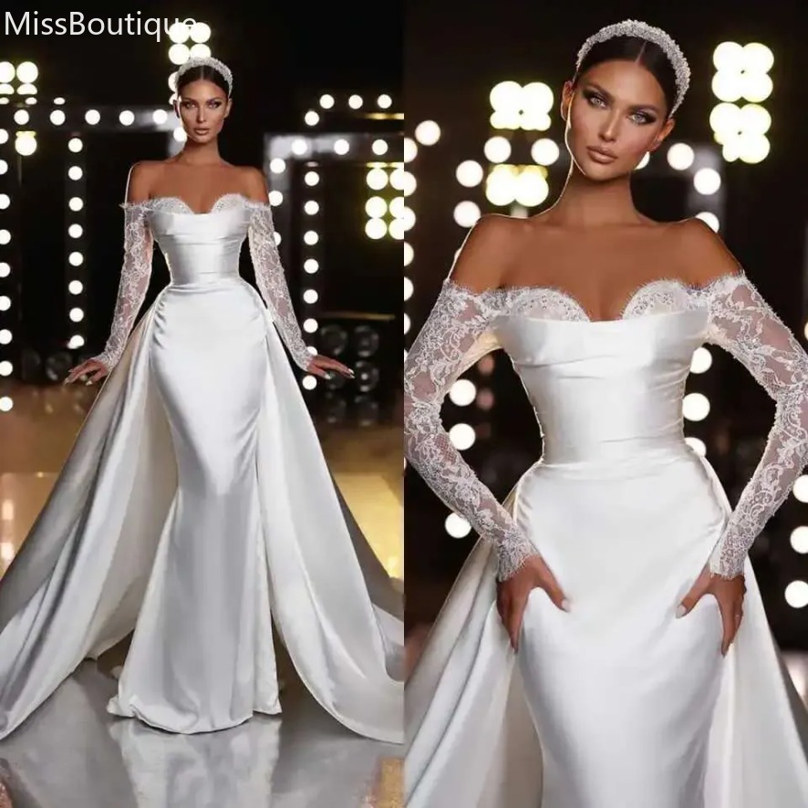 Gorgeous Lace Mermaid Wedding Dresses for Brides Sweetheart Off the Shoulder Long Sleeves Bridal Gowns Detachable Train Vestido De Novia 0923