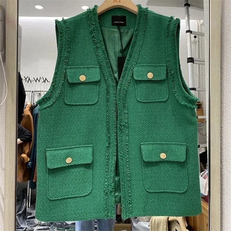 Fragrant Tweed Vest Coat Women Autumn V-Neck Female Green Black Khaki Waistcoat 240823