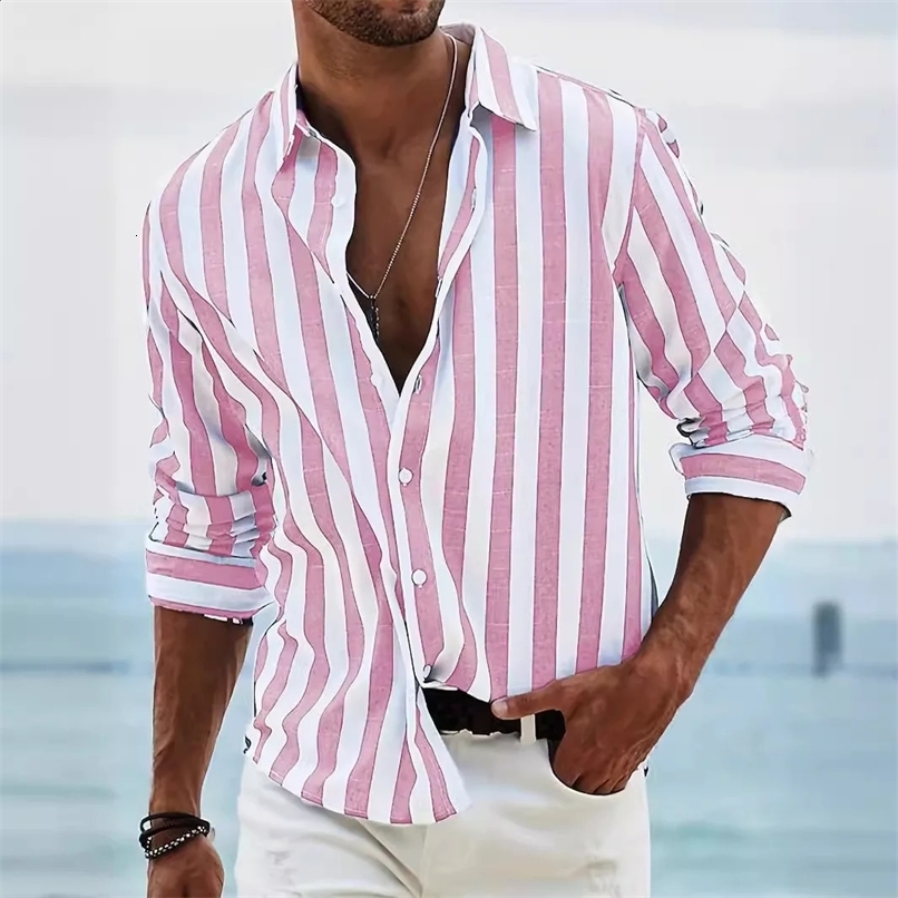 Mens Cardigan Shirt Cotton And Linen Striped Beach Holiday Lapel Casual Loose Breathable Comfortable Long-Sleeved Tops 250113