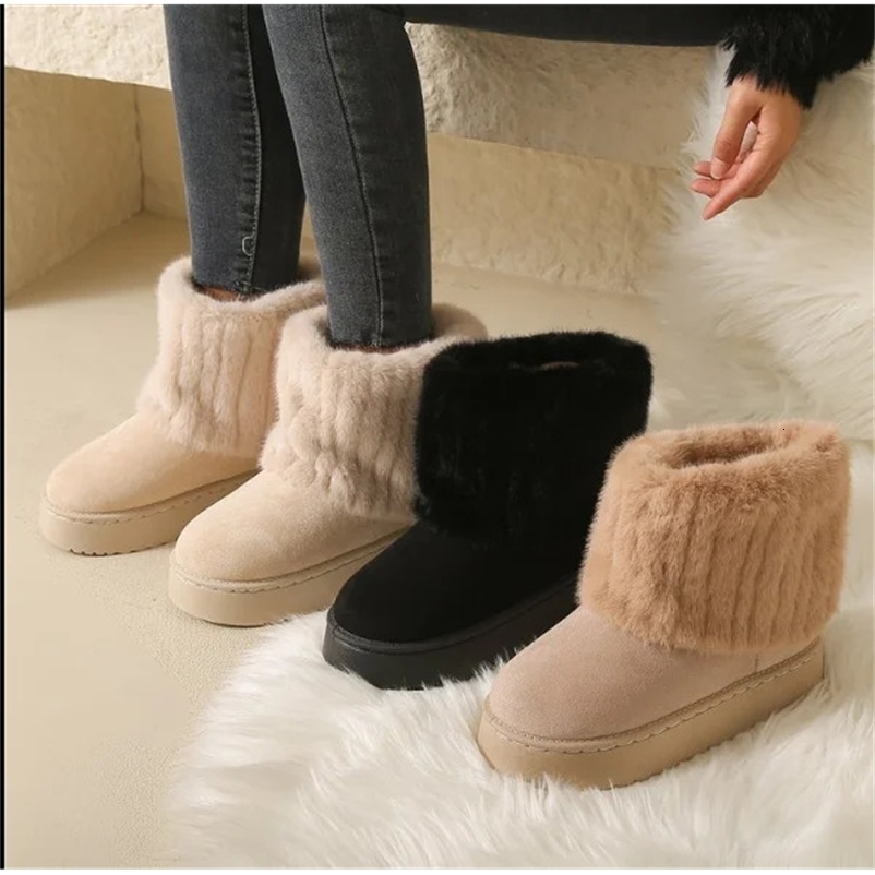 Womens Winter Womens Shoes Black Round Sole Solid Wood Plush Warm Middle Boots Waterproof Casual Snow Boots Womens 240926bj