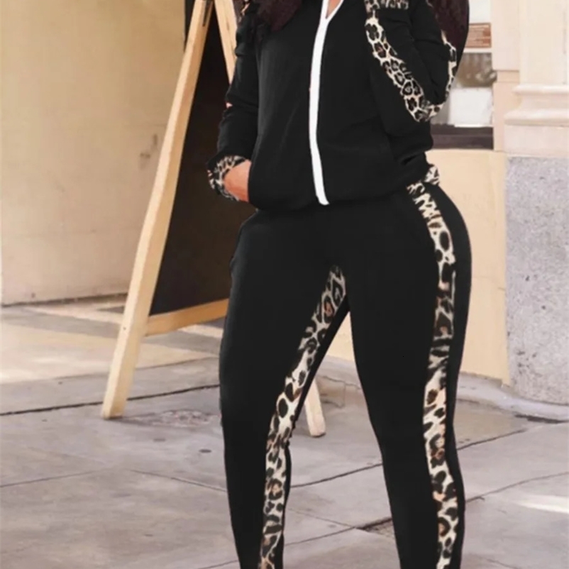LW Plus leopard print tracksuit set for women with spliced work zipper and Mandarin collar long sleeved two-piece pants matching set 241025