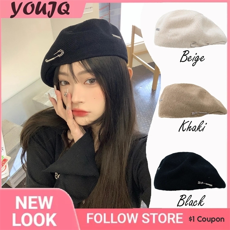 Berets Y2K Korean Pin Reverse Beret Women's Temperament Summer Hollow Brimless Breathable Forward Cap Gorra Inglesa Hombre 231018