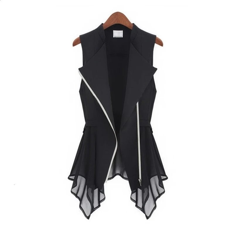 #0708 Summer Black Asymmetrical Chiffon Waistcoat For Women Thin Sexy Vest Coat Sleeveless Jacket Female Long Vest With Zipper 240823