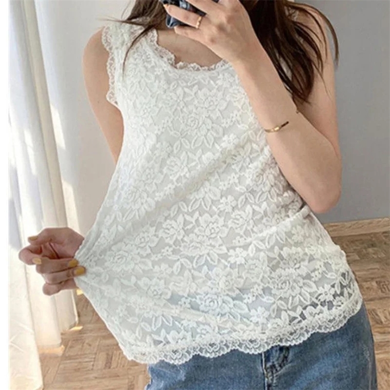 Summer Elegant Fashion Loose Sweat Korean Style Tank Top for Women Lace Splicing Sexy O Neck Sleeveless Chic Y2K Tops 240415