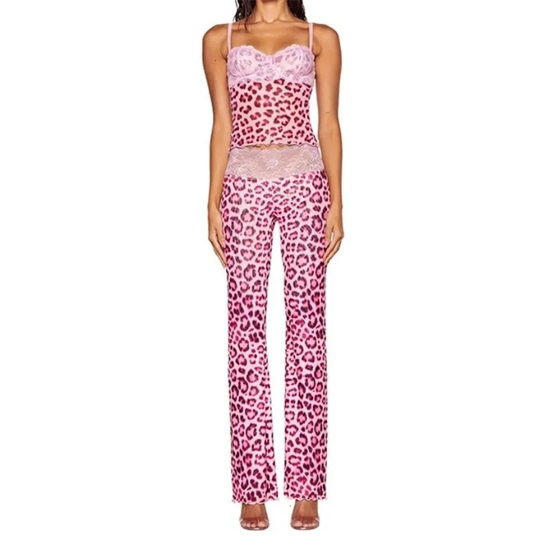 Pink Lace Patchwork Leopard Print Women Sexy Mesh 2 Piece Set Camisole Crop Tops Flare Pants Wild Club Party Matching Suits 250106