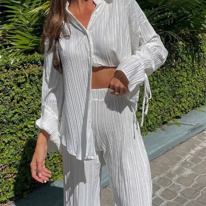 Women Pleated Pants Suits Set Casual Chic Solid Color Long Sleeve Oversized and Wide Leg Pants Trousers Elegant Tracksuit 250121