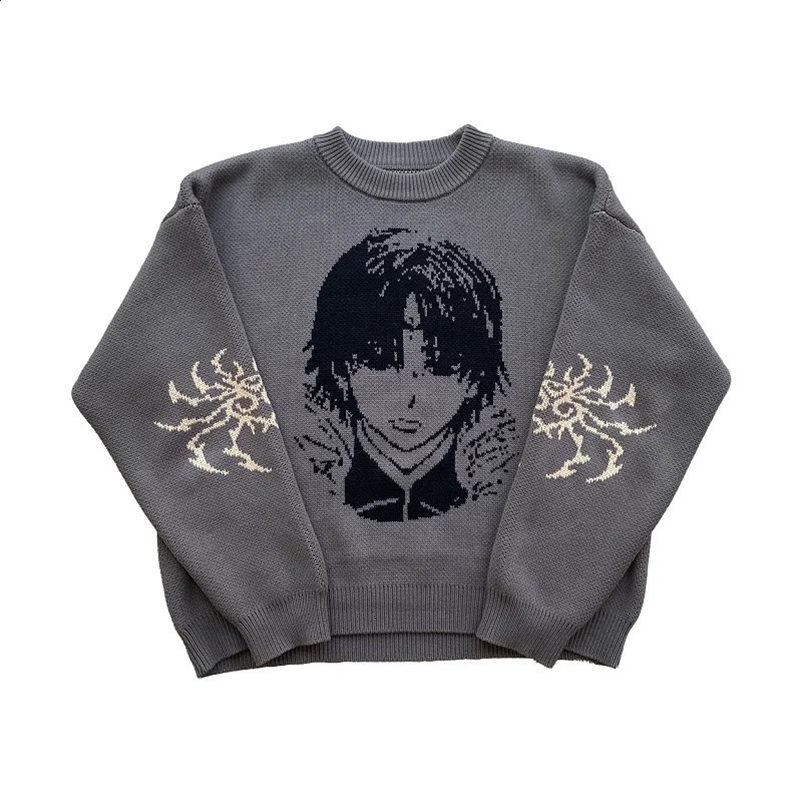 Y2k Hip Hop Zipper Oversized Knitted Anime Graphic Gothic Retro Womens Sweater Harajuku Punk 2024 Autumn Japanese Style Street Clothing 240829bj
