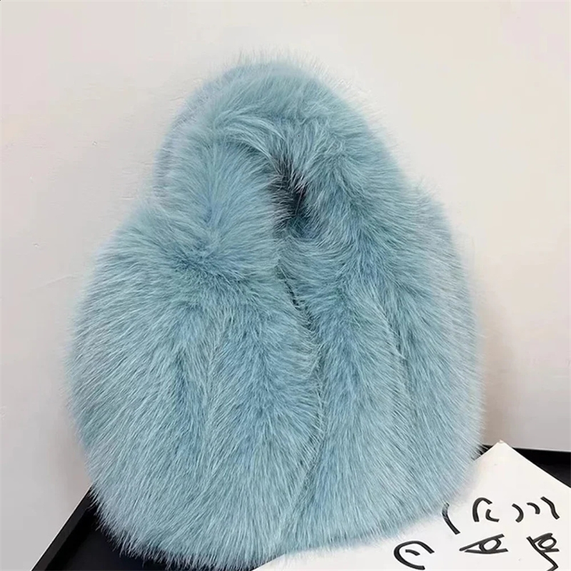 Fluffy Faux Fur Bags for Women Winter Soft Plush Handbags Half Moon Shoulder Bag Winter Warm Ruched Purses Tote Clutch 2024 241216