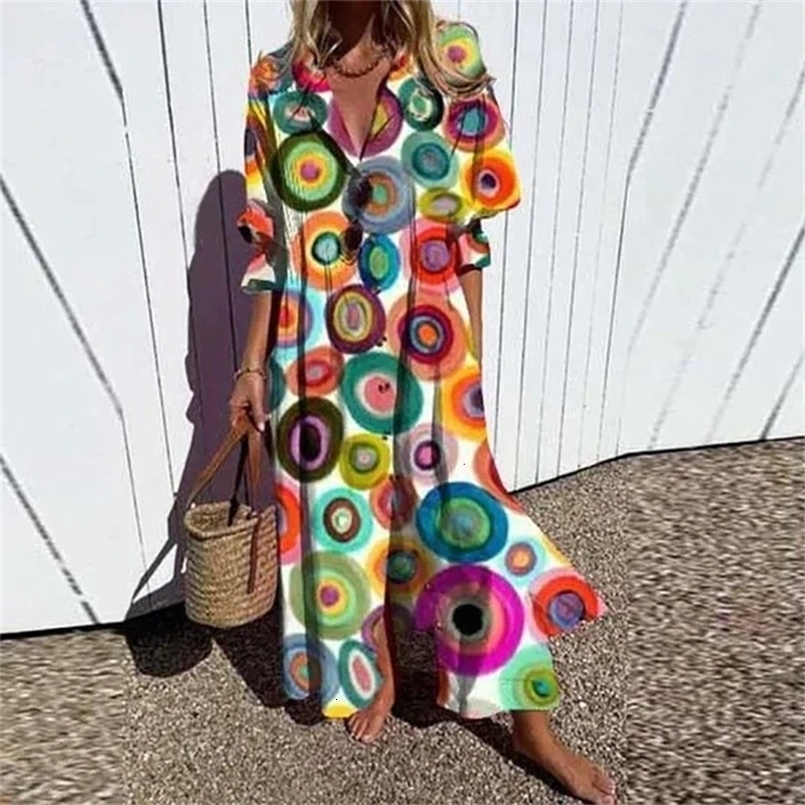 Summer Puff Short Sleeve A-Line Boho Dress Women Retro Geometry Circle Print Long Dress Spring Single Breasted Lapel Shirt Dress 250326