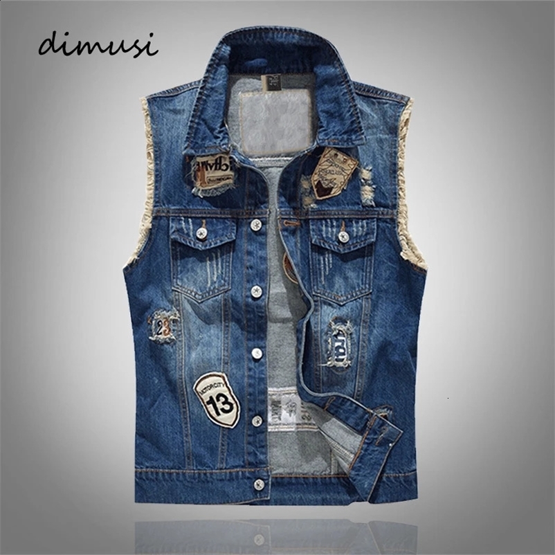Spring and summer mens denim vest fashion mens hip-hop patch hole waist jacket mens nightclub party jeans sleeveless jacket clothing 240819bj