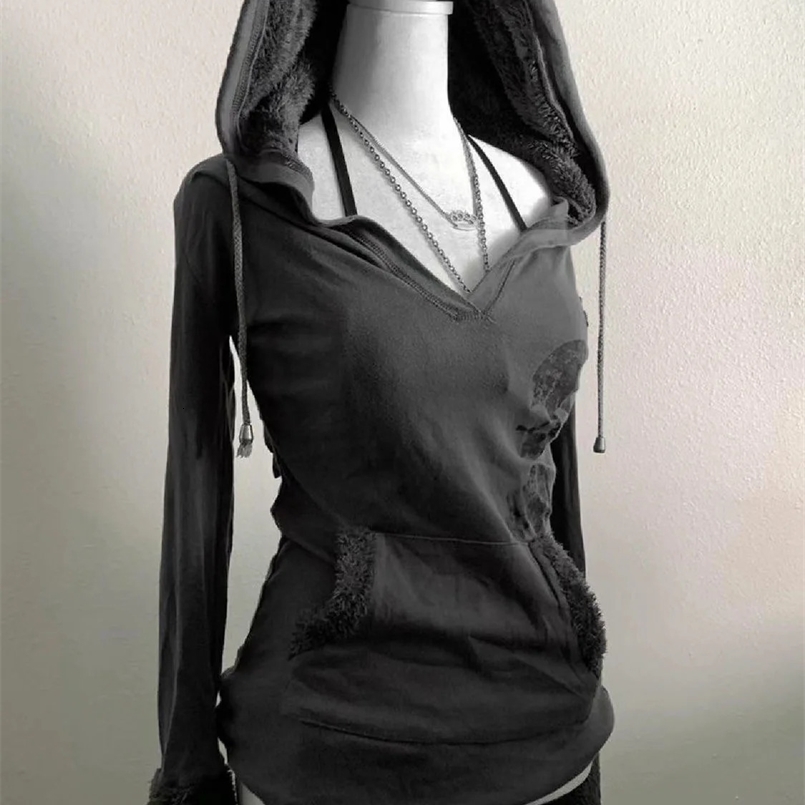 Y2K Retro Gray Pullover Lamb Wool Hooded Sweatshirt Women Clothes Harajuku Girl Slim Sweatshirt Autumn Winter Goth Sexy Tops 250122