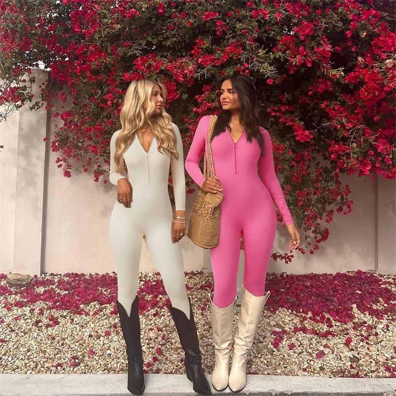 Long sleeved jumpsuit womens solid summer bodysuit fashionable streetwear zipper set jumpsuit womens sportswear 241230