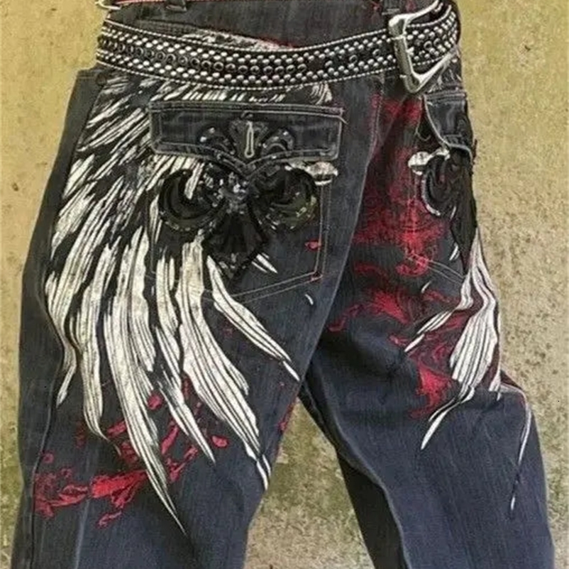 Y2K jeans Harajuku retro Gothic wing letter pattern baggy jeans black pants punk hip hop Gothic wide-leg pants street wear 240708