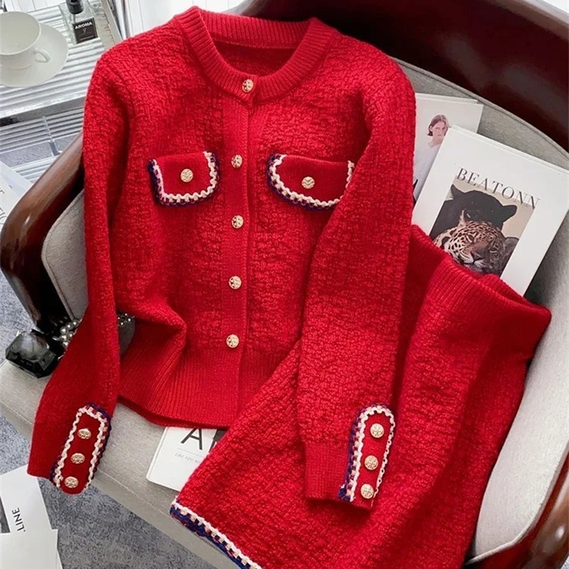 2024 Autumn Winter Knitted Two Piece Sets Womens Office Lady Long Sleeve Knitted Cardigan Sweater High Waist Skirt Suit Womens 241121