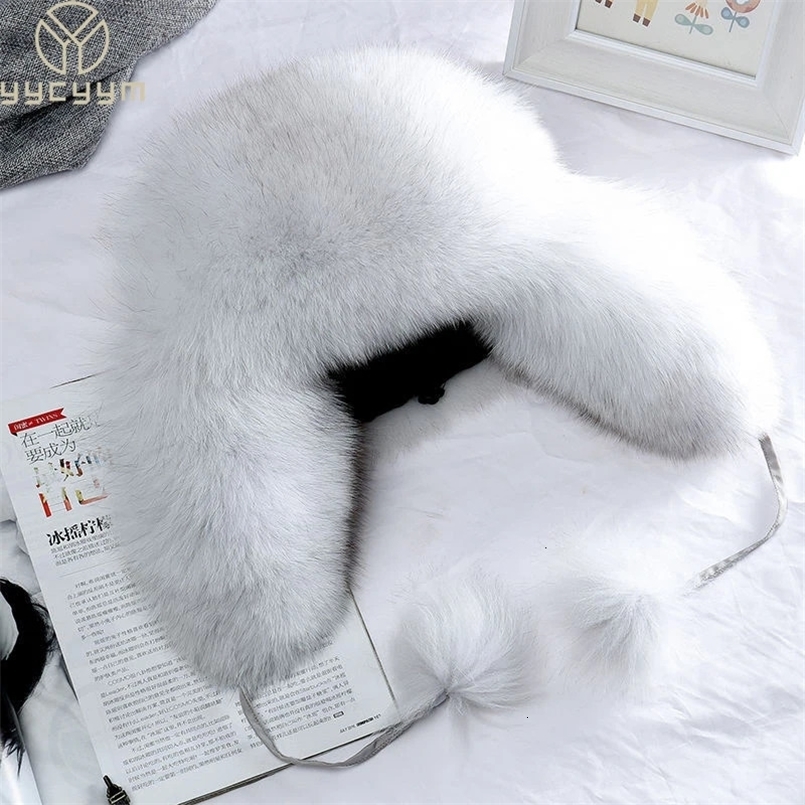 BeanieSkull Caps 100% Real Fox Fur Hats Women's Russian Ushanka Trapper Snow Skiing Hat Caps Earflap Winter Raccoon Fur Bomber Hat 231202