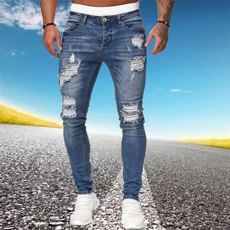 Mens Ripped Skinny Jeans Blue Slim Fit Hole Pencil Pants Biker Casual Trousers Streetwear High Quality Denim Man Clothing 240819
