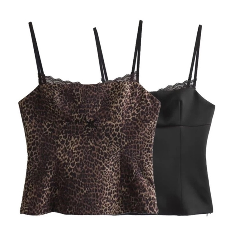 TRAF GAL Summer Sexy Women Animal Print Tanks Lace Patchwork Satin Camis Backless Sleeveless Bow Y2K Slim Female Crop Top 240327