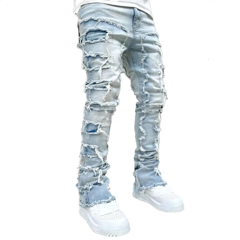 Jeans impilati da uomo in forma jeans strappato distrutti pantaloni in jeans dritti pantaloni hip hop vintage streetwear 240819