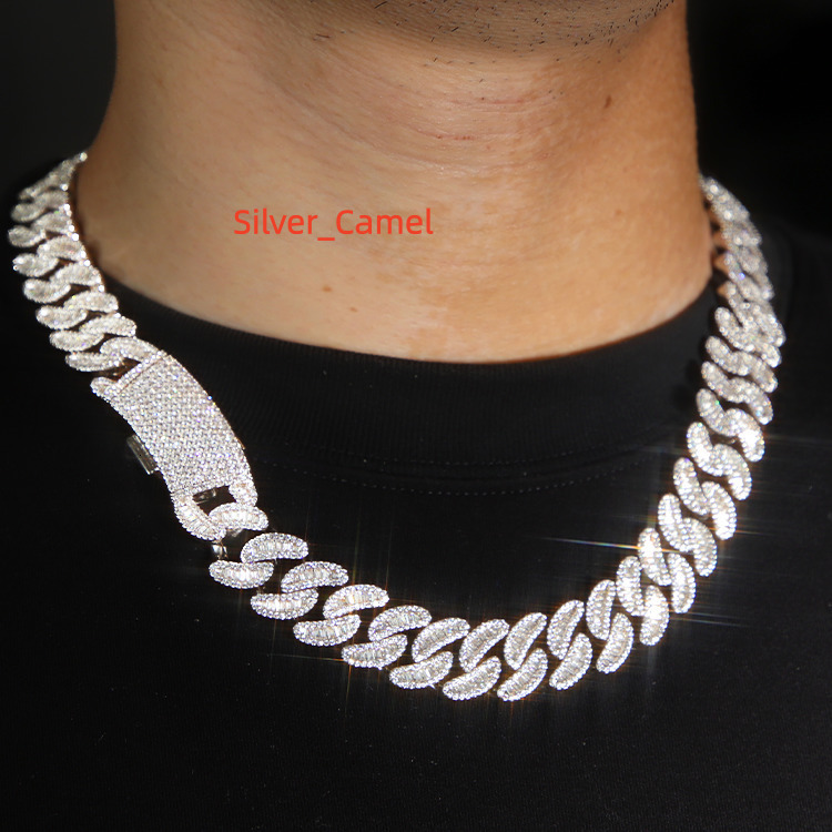 White Gold Plated 15mm Baguette Diamond Necklace with VVS Moissanite Hiphop Cuban Link Chain for Men for Gift or Party