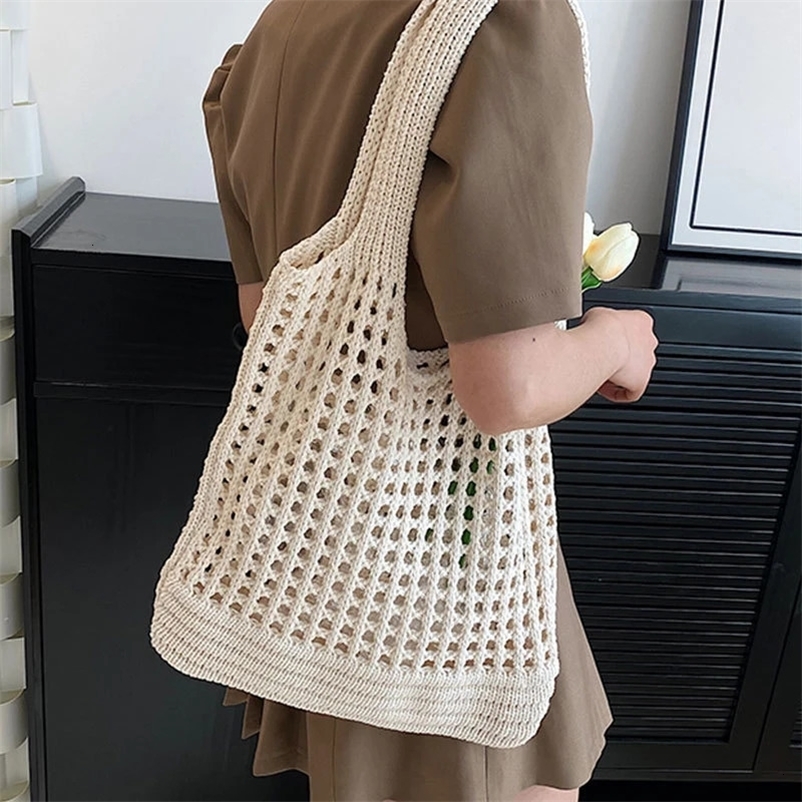 Vintage Hollow Woven Women Shoulder Bag Knitting Large Capacity Handbags Summer Travel Shopper Tote For Ladies Beach Bags 250327bj
