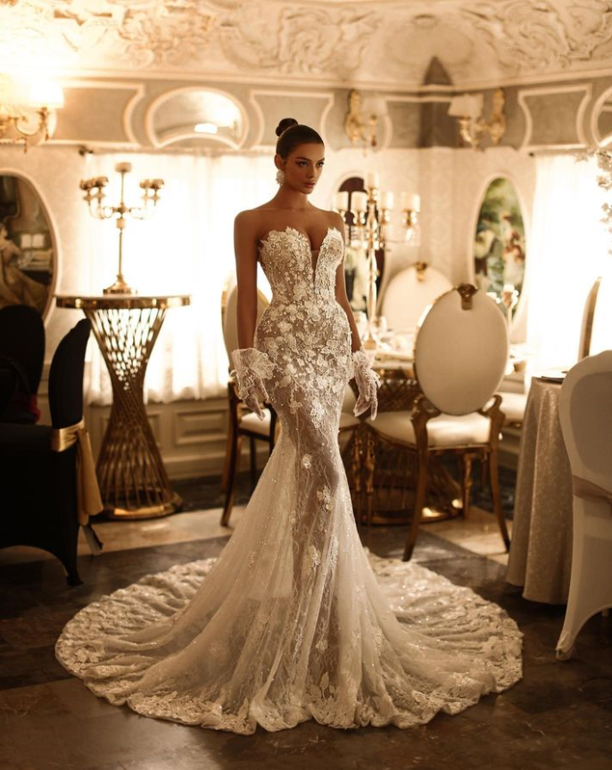 Mermaid Sexy V-neck Women's Wedding Dresses Lace Printed Backless Bridal Gowns Elegant Floor-length Custom Made Color/Size