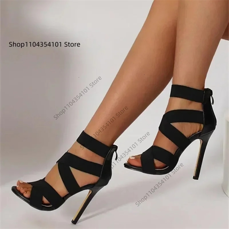 Black Sexy Open Toes Gladiator Shoes Womens Sandals Super High Heel Pumps Ladies Broadband Back Zipper Party Wedding Sandal 250213