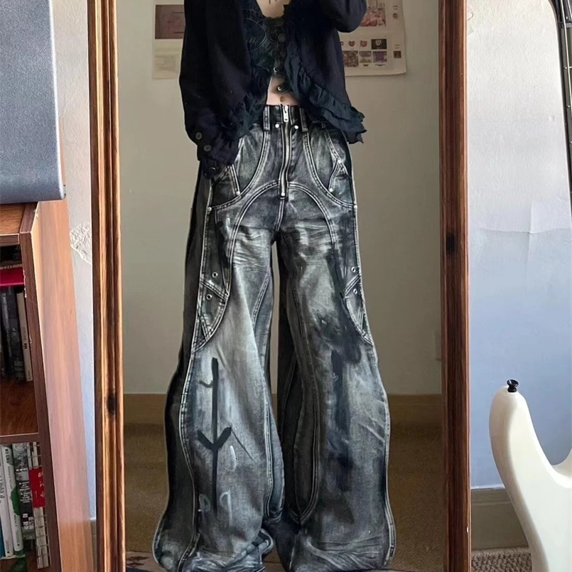 American Vintage hip-hop washing fashion striped graffiti jeans womens Y2K Harajuku punk Gothic wide pants Streetwear 250303