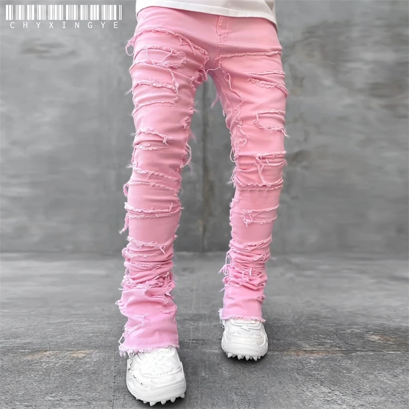 Patch denim straight-leg pants retro jeans street fashion ins explosive style elastic mens fashion retro denim trousers 240819