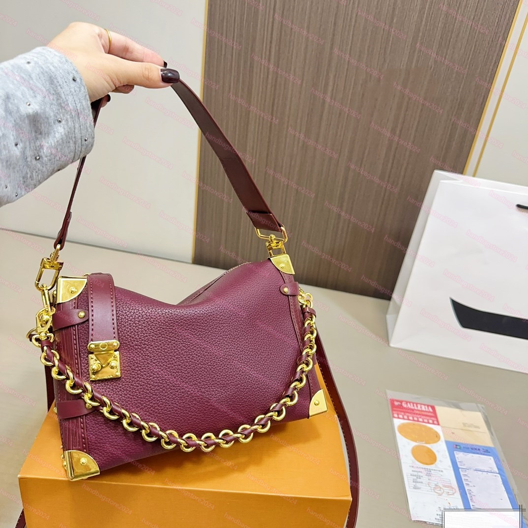 Designer bag Side trunk women's shoulder bag luxury leather crossbody bag gold chain retro handbag high-quality buckle wine red wallet trunk