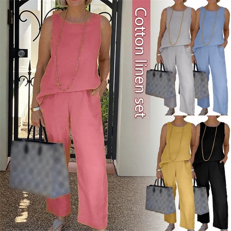 Sleeveless cotton linen womens track set O-neck vest wide leg loose pants set casual and elegant womens 2-piece set solid set 240830bj