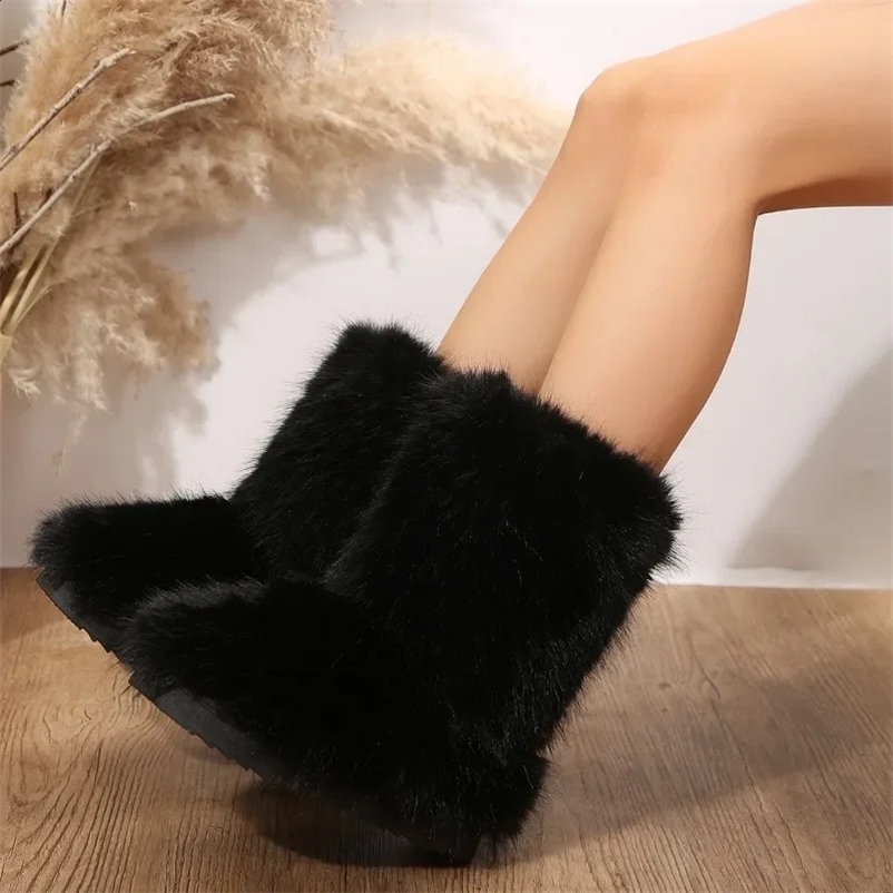 Womens Winter Snow Boots Outdoor Fur Artificial Fox Fur Leather Boots Womens Plush Warm Platform Shoes Fashion Shoes Large Size 240926bj