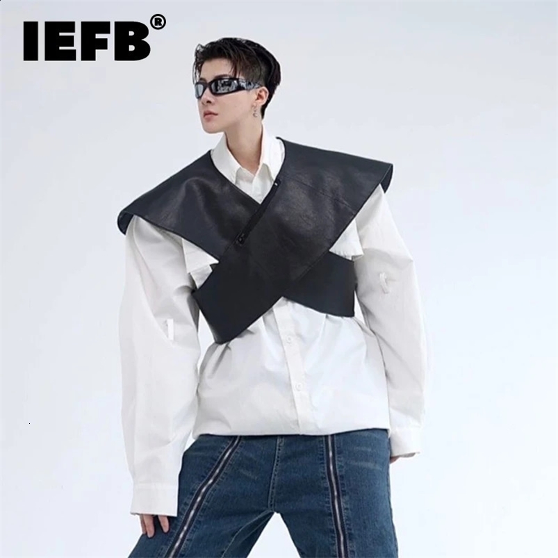 IEFB Personalized Pu Mens Waistcoat Trend Darkwear Solid Color High Street Vest Male Tops Temperament Fashion 9A5550 240820