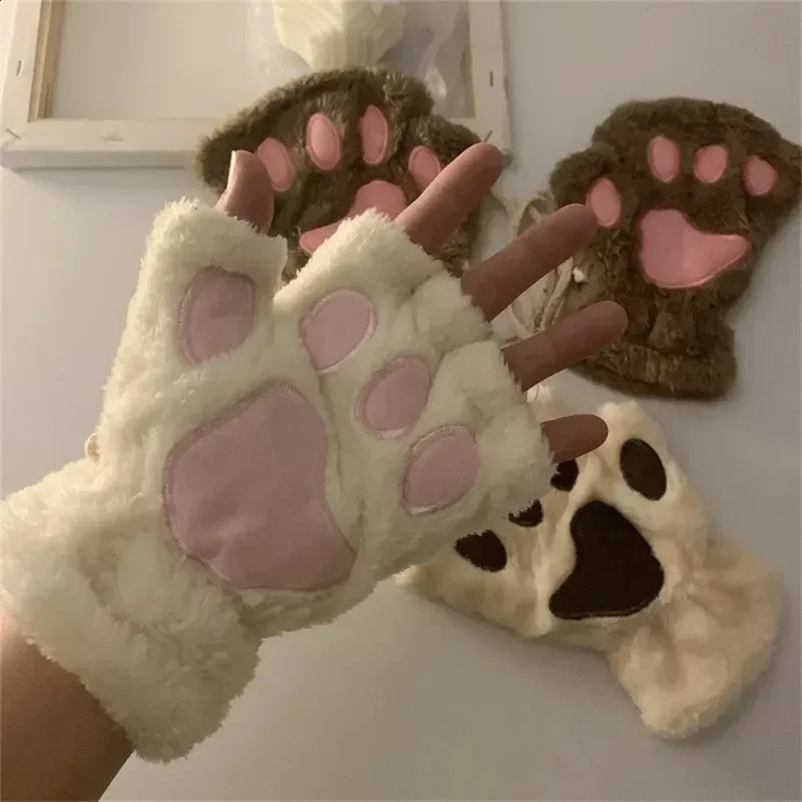 Kawaii Womens Cat Gloves Fashion Girls Cat Claw Plush Gloves Warm and Soft Plush Short Fingered Half Fingered Winter Gloves 240921bj
