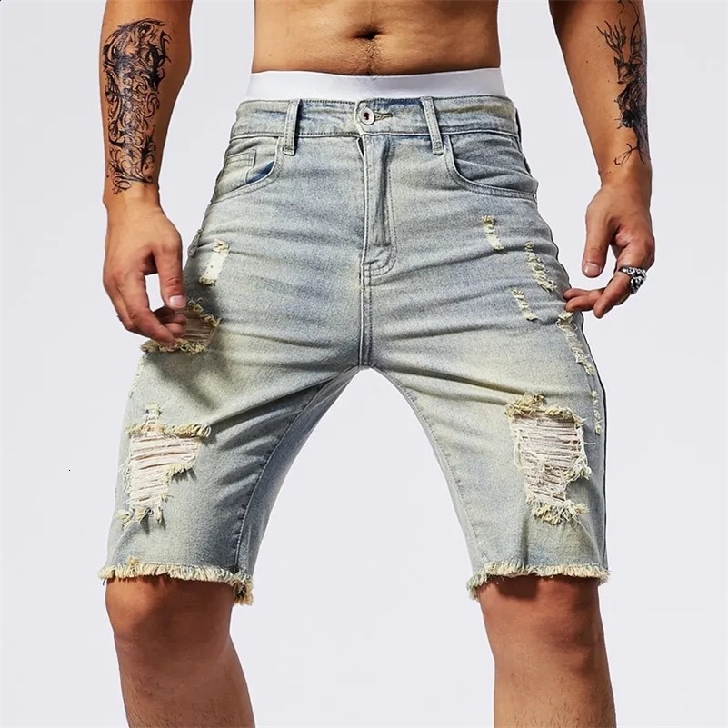 Vintage Denim Shorts Mens American Stretch Slim Jeans Fashion Ripped Streetwear Male Hole Frayed Short Pants Blue Black 250116