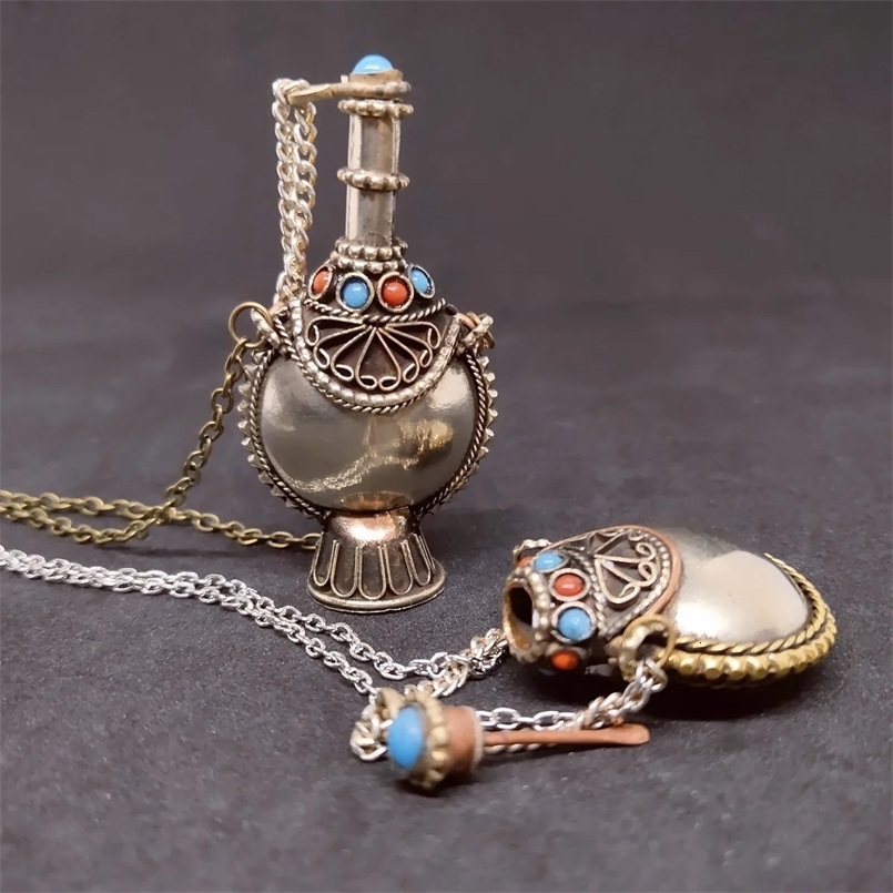 Chokers Antique Jar Pendant Necklace Cupronickel Necklac Vintage Inlaid Coral Stone Turquoise Gothic Accessories Jewlery Gifts 231124