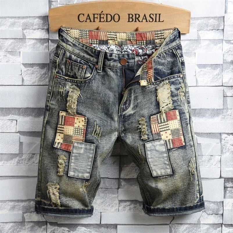 Ripped Short Jeans Men Vintage Denim Shorts Straight Hole Patch Plaid Hip Hop Fashion Knee Length Pants Streetwear 240327