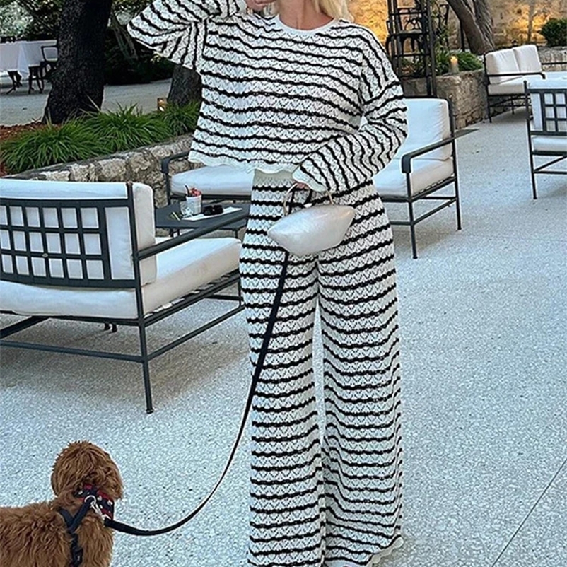 Casual striped knitted T-shirt pants set womens hollow O-neck loose top zipper wide leg Trouser spring loose set 250314