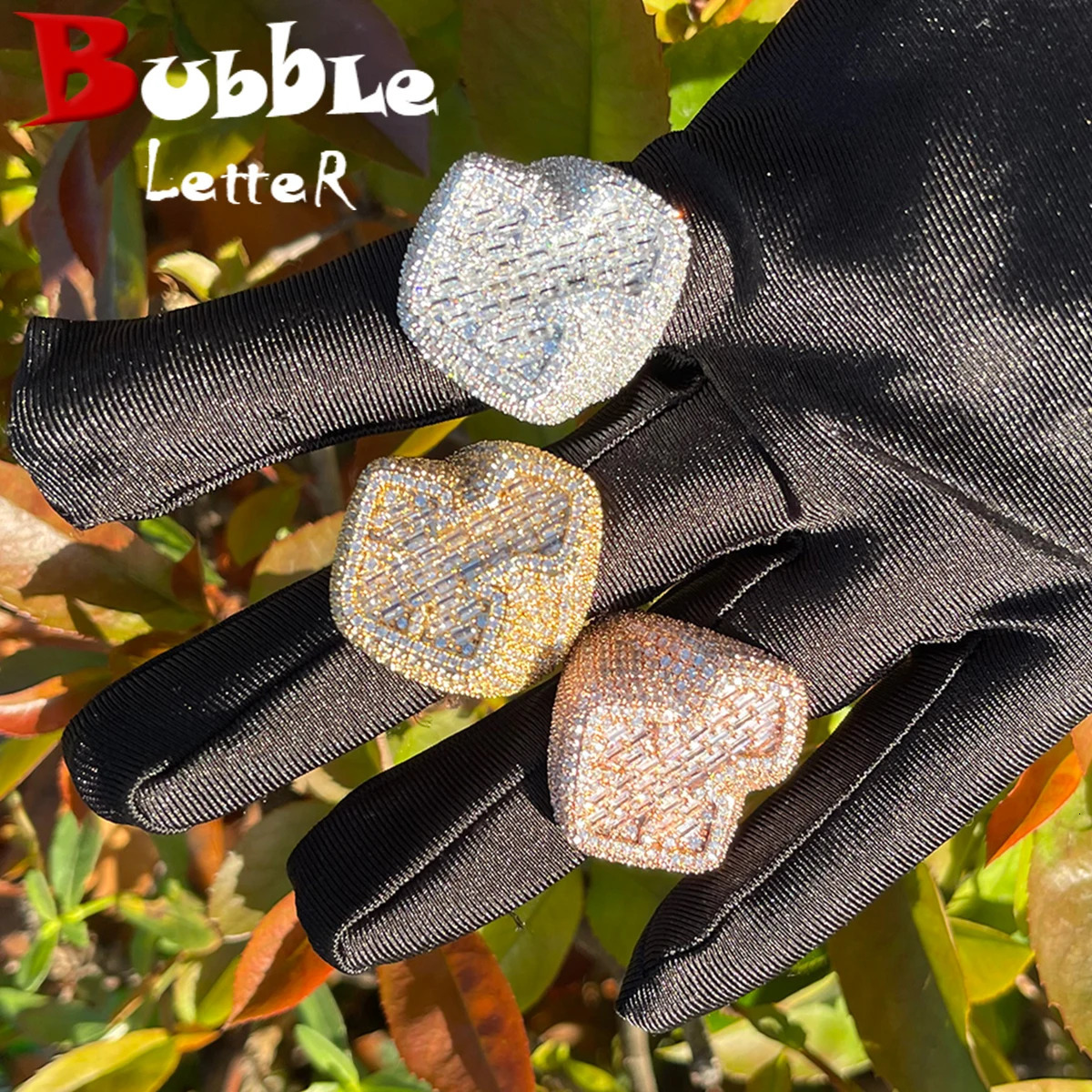 Bubble Letter Baguette Cross Rings for Men Iced Out Finger Charms Real Gold Plated Prong Setting Hip Hop Jewelry 250922