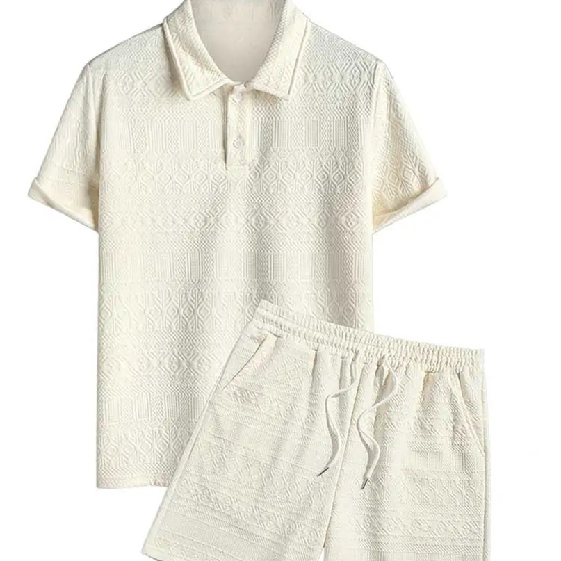 Tracksuit for Men Geometric Retro Jacquard Quarter Button Short Sleeves Polo Shirt with Shorts Two Pieces Set Z5096720 250304