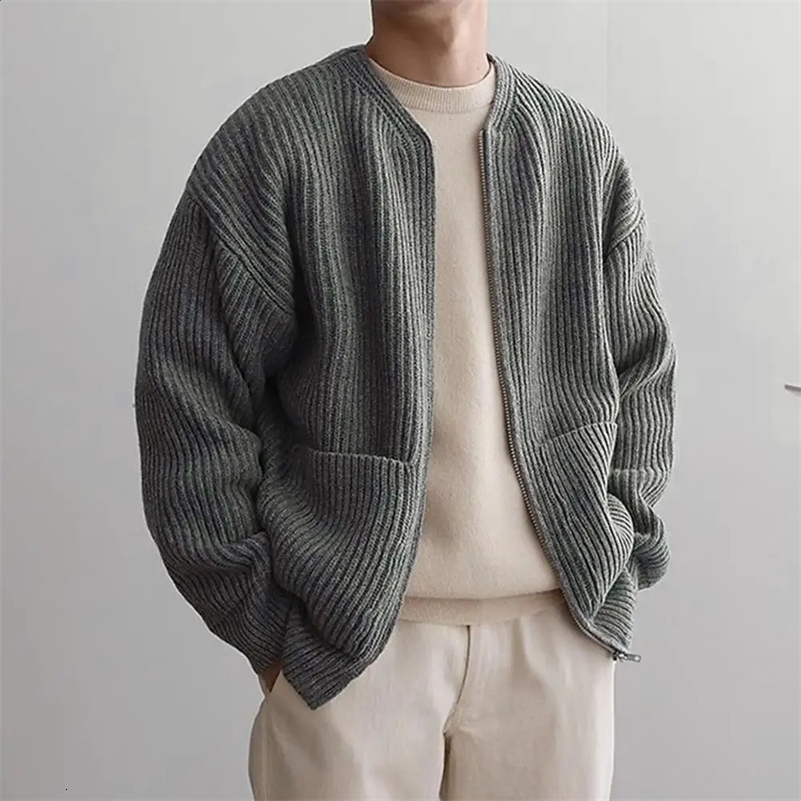 Warm Pocket Cardigan Mens Collarless Knitted Cardigan Coat with Zipper Placket Pockets Autumn Winter Solid Color for Male 250206