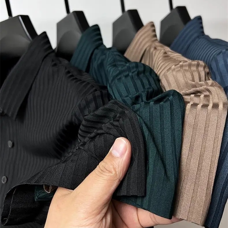 mens fashion summer Business casual polo shirt striped button solid color lapel polo shirt 240824
