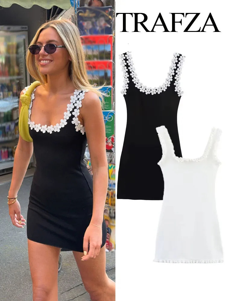 TRAFZA Female Summer Sexy Slim Dress 2 Color Solid Square Collar Sleeveless Backless Flower Decoration Womens Fashion Dresses250922